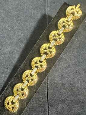 NOS/ Vtg Gold Plated Open Cut Circle & Rhinestone Bridge Link Bracelet